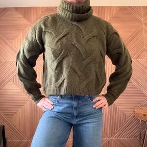 Madewell Olive Green Cable Knit Turtleneck cropped Sweater